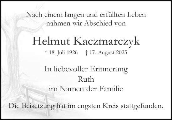 Traueranzeige von Helmut Kaczmarczyk von Region Pinneberg und tip Pinneberg