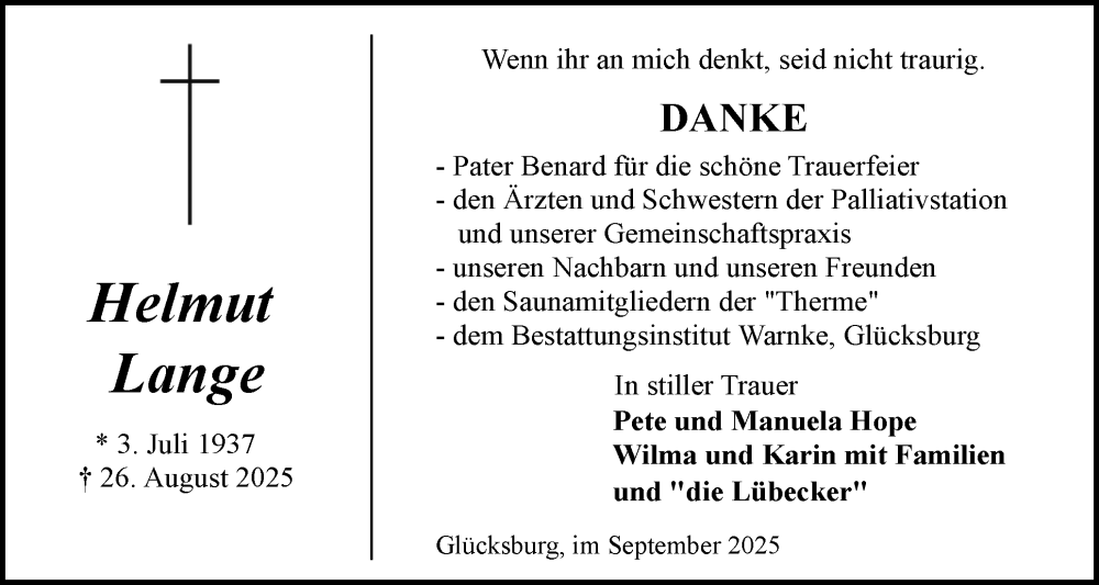  Traueranzeige für Helmut Lange vom 20.09.2025 aus Flensburger Tageblatt