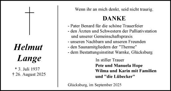 Traueranzeige von Helmut Lange von Flensburger Tageblatt