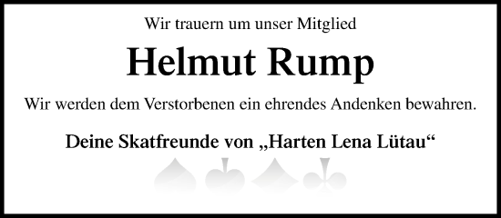 Traueranzeige von Helmut Rump von Wochenend Anzeiger