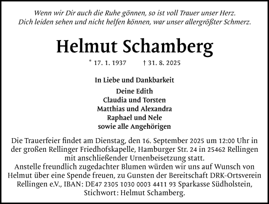 Traueranzeige von Helmut Schamberg von Region Pinneberg und tip Pinneberg