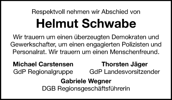 Traueranzeige von Helmut Schwabe von Sylter Rundschau, Hallo Sylt