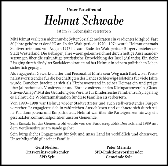 Traueranzeige von Helmut Schwabe von Sylter Rundschau
