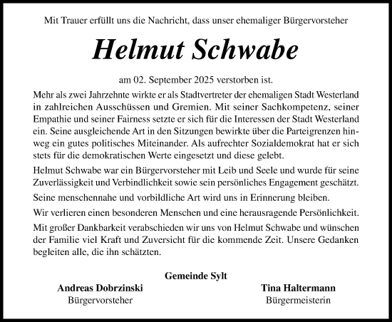 Traueranzeige von Helmut Schwabe von Sylter Rundschau
