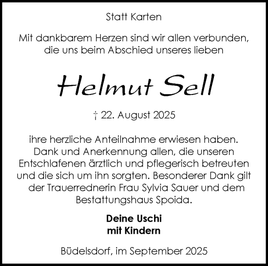 Traueranzeige von Helmut Sell von Schleswig-Holsteinische Landeszeitung