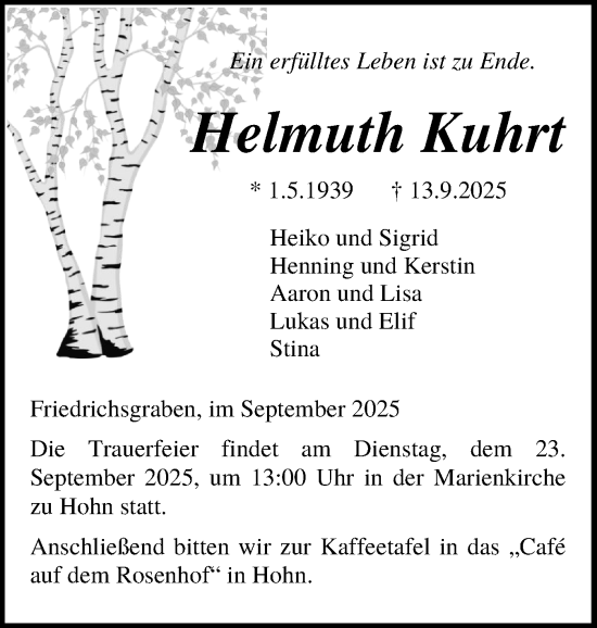 Traueranzeige von Helmuth Kuhrt von Schleswig-Holsteinische Landeszeitung