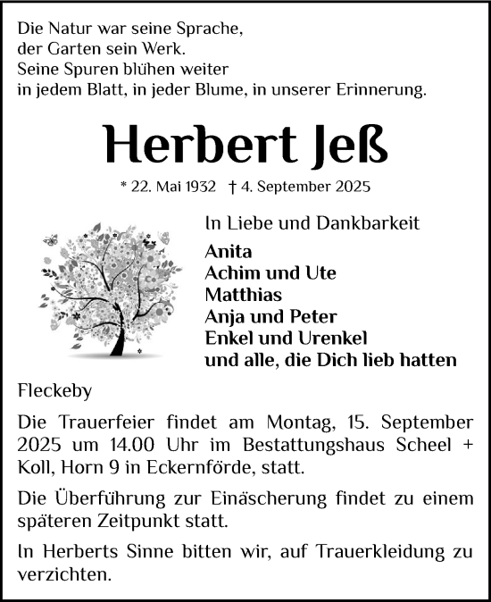 Traueranzeige von Herbert Jeß von Eckernförder Zeitung, Hallo Eckernförde