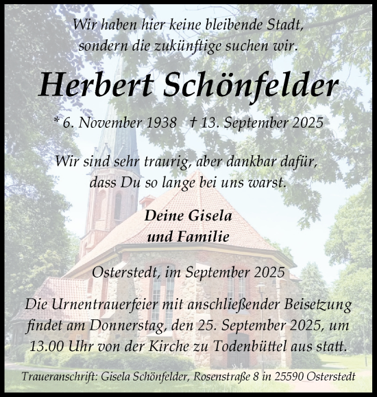 Traueranzeige von Herbert Schönfelder von Schleswig-Holsteinische Landeszeitung
