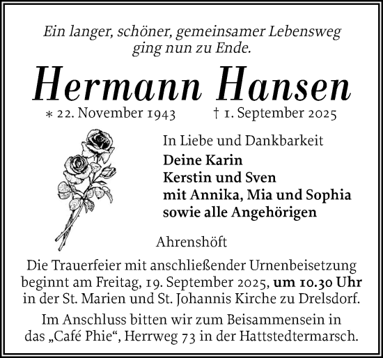 Traueranzeige von Hermann Hansen von Husumer Nachrichten, Nordfriesland Tageblatt