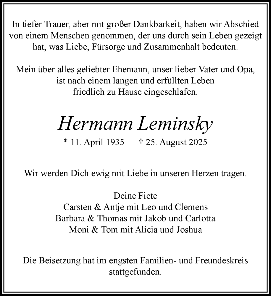  Traueranzeige für Hermann Leminsky vom 20.09.2025 aus MARKT Ahrensburg/Bargteheide/Trittau und Stormarner Tageblatt