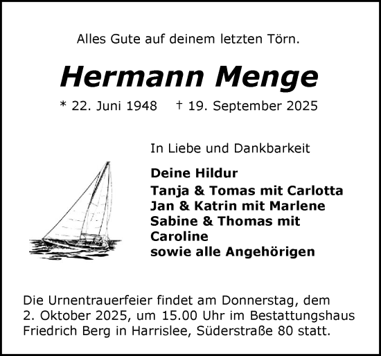 Traueranzeige von Hermann Menge von Flensburger Tageblatt