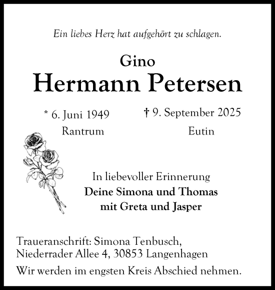 Traueranzeige von Hermann Petersen von Ostholsteiner Anzeiger