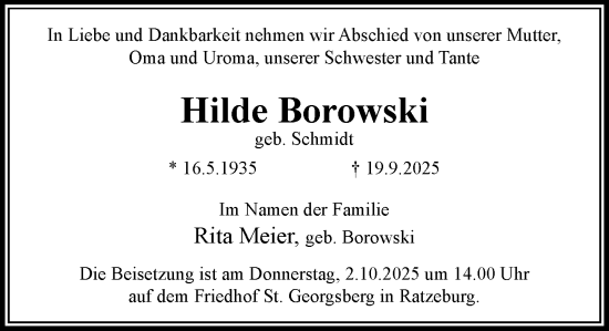 Traueranzeige von Hilde Borowski von MARKT Ratzeburg/Mölln