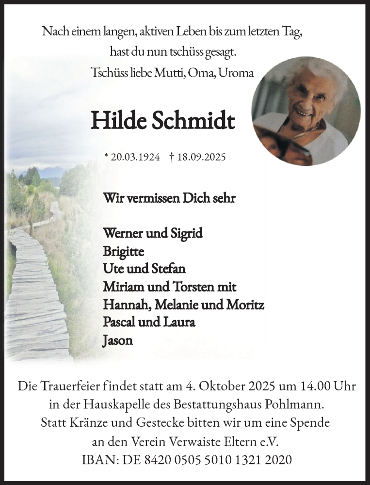  Traueranzeige für Hilde Schmidt vom 27.09.2025 aus Umschau