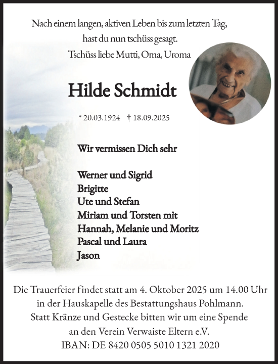Traueranzeige von Hilde Schmidt von Umschau