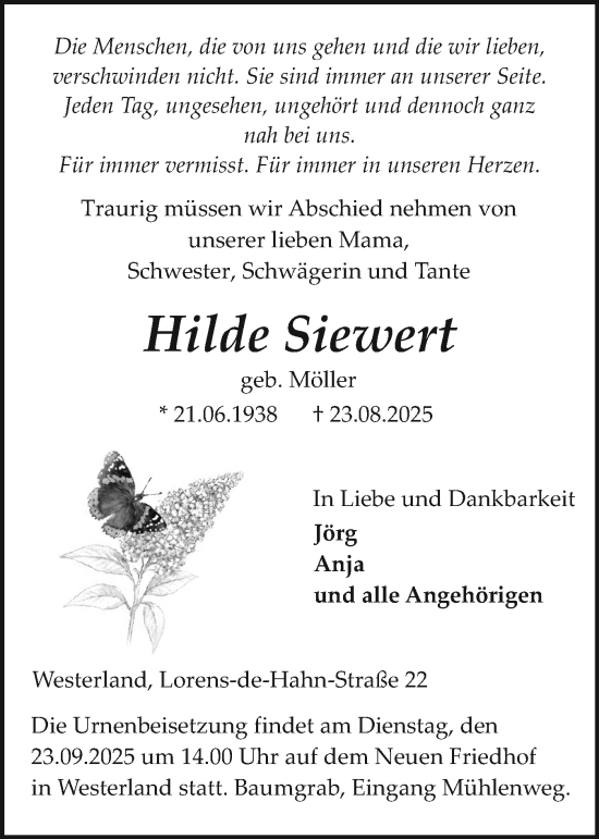 Traueranzeige von Hilde Siewert von Sylter Rundschau