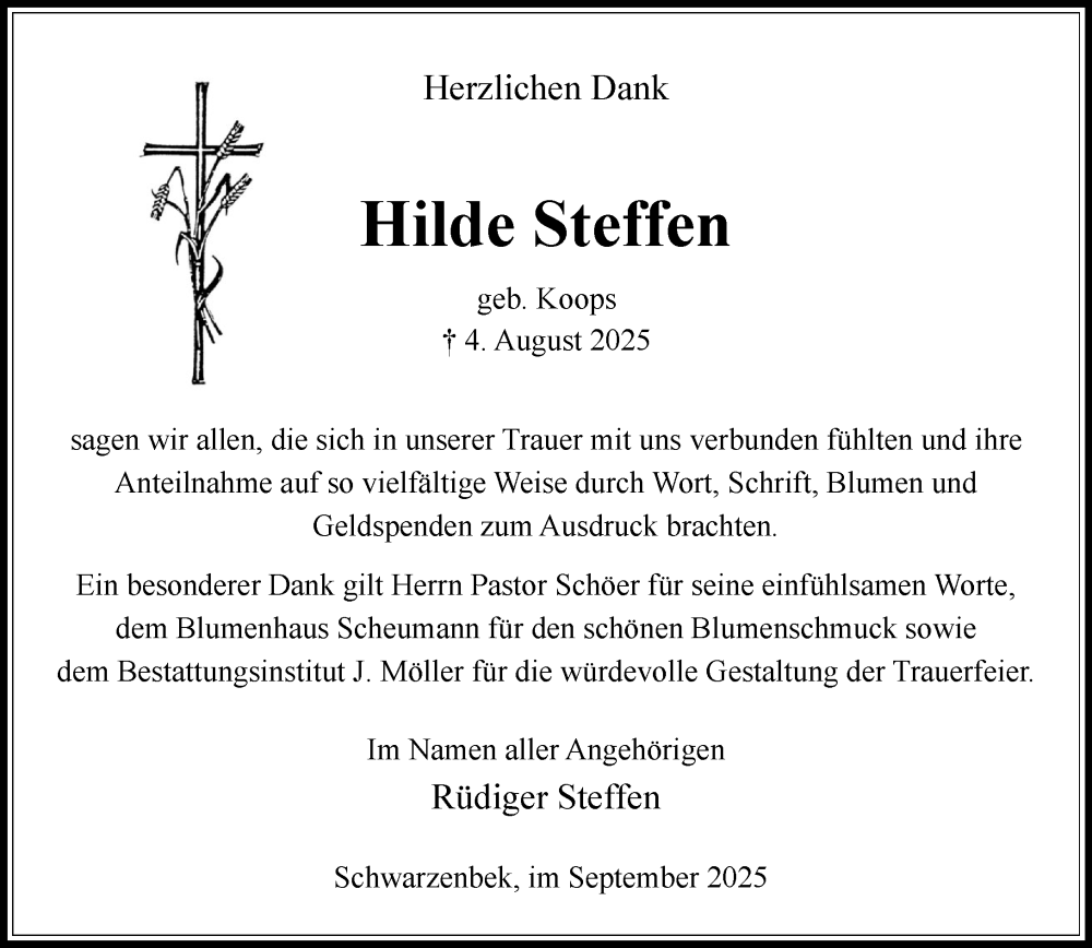  Traueranzeige für Hilde Steffen vom 06.09.2025 aus Wochenend Anzeiger