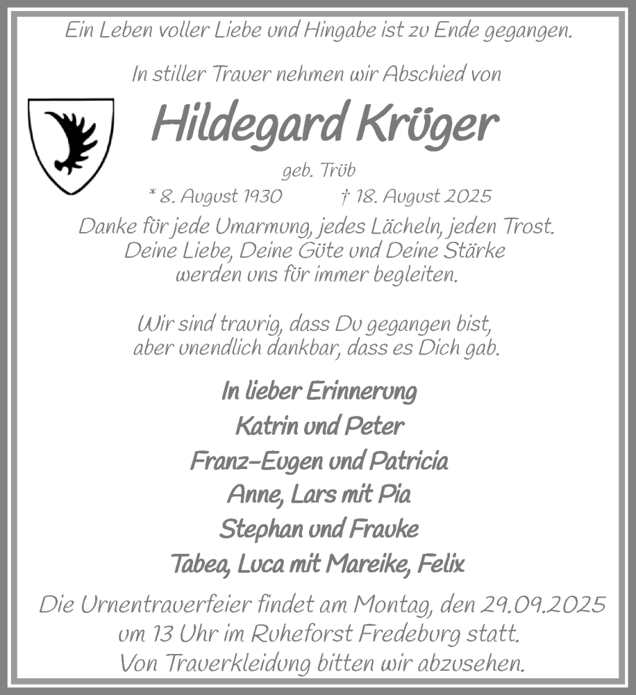  Traueranzeige für Hildegard Krüger vom 20.09.2025 aus MARKT Ratzeburg/Mölln