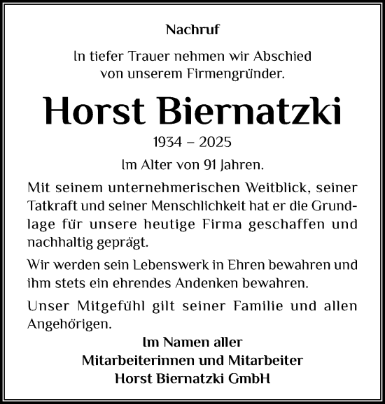 Traueranzeige von Horst Biernatzki von Elmshorner Nachrichten, Barmstedter Zeitung