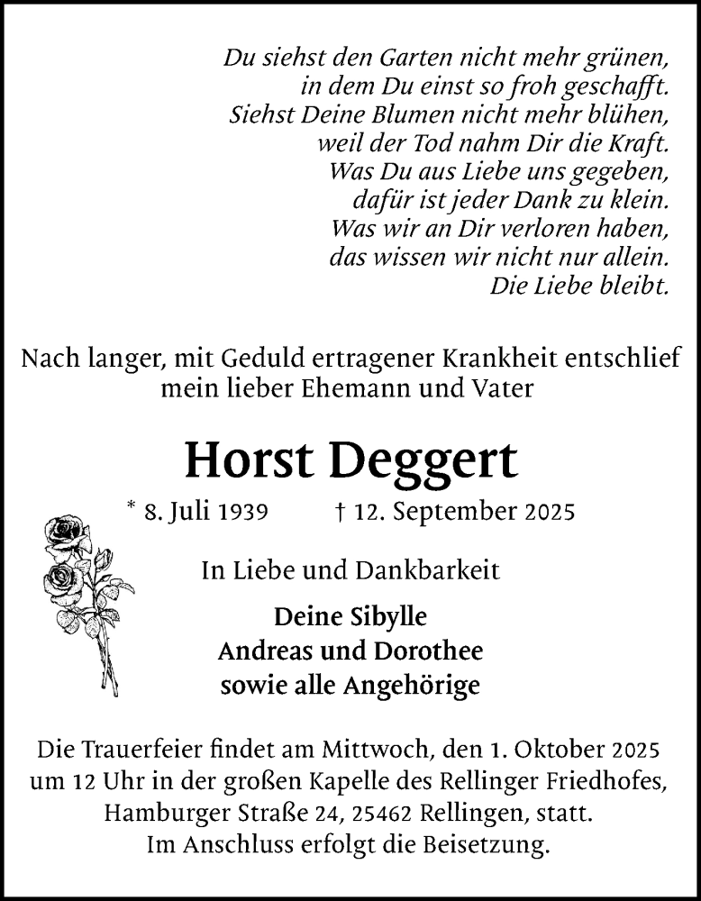  Traueranzeige für Horst Deggert vom 27.09.2025 aus Region Pinneberg und tip Pinneberg