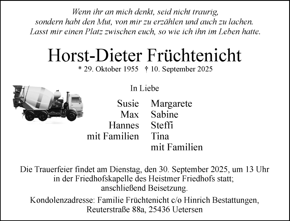  Traueranzeige für Horst-Dieter Früchtenicht vom 20.09.2025 aus Uetersener Nachrichten, Der tip am Wochenende