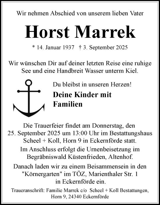 Traueranzeige von Horst Marrek von Eckernförder Zeitung, Hallo Eckernförde