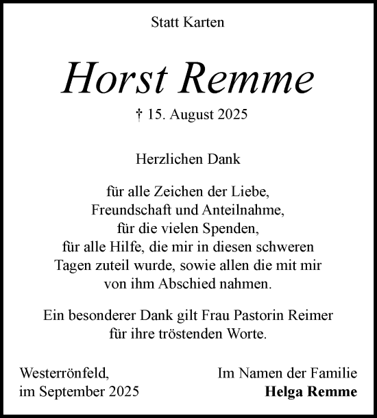 Traueranzeige von Horst Remme von Schleswig-Holsteinische Landeszeitung