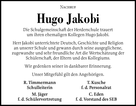 Traueranzeige von Hugo Jakobi von Schleswig-Holsteinische Landeszeitung