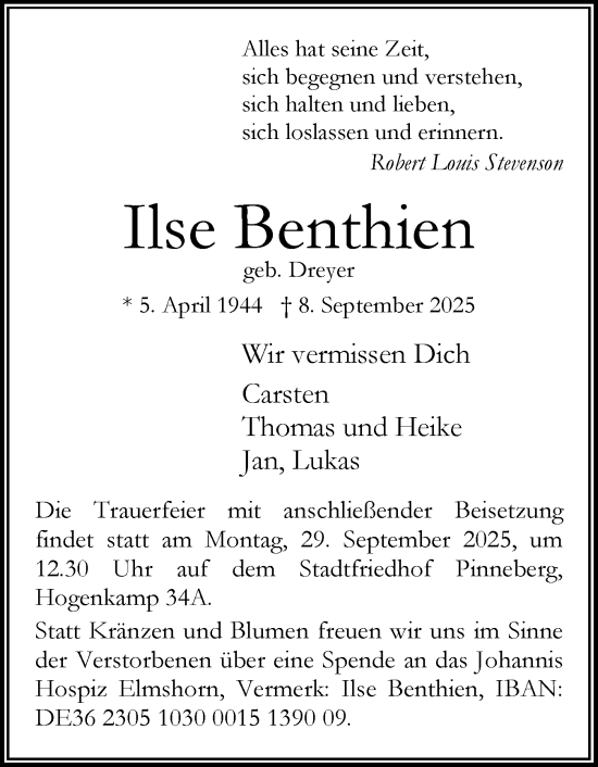 Traueranzeige von Ilse Benthien von Region Pinneberg und tip Pinneberg