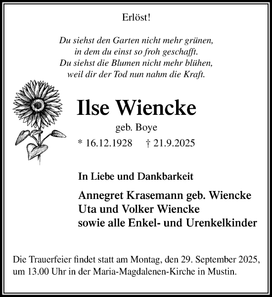 Traueranzeige von Ilse Wiencke von MARKT Ratzeburg/Mölln