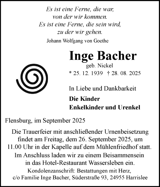 Traueranzeige von Inge Bacher von Flensburger Tageblatt