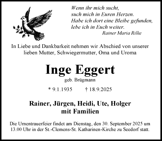 Traueranzeige von Inge Eggert von MARKT Ratzeburg/Mölln