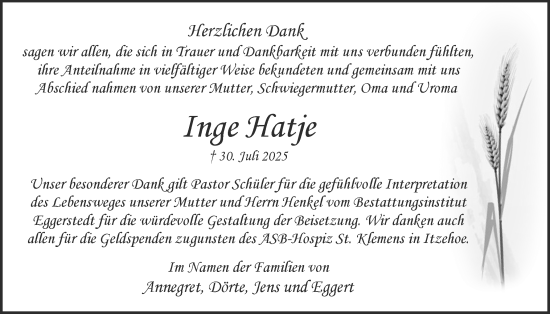 Traueranzeige von Inge Hatje von tip Gesamtausgabe