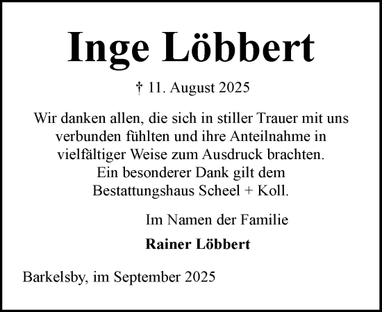 Traueranzeige von Inge Löbbert von Eckernförder Zeitung, Hallo Eckernförde