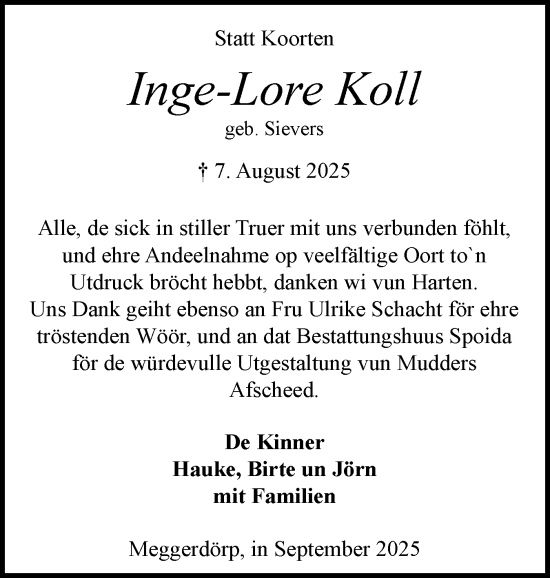 Traueranzeige von Inge-Lore Koll von Schleswig-Holsteinische Landeszeitung