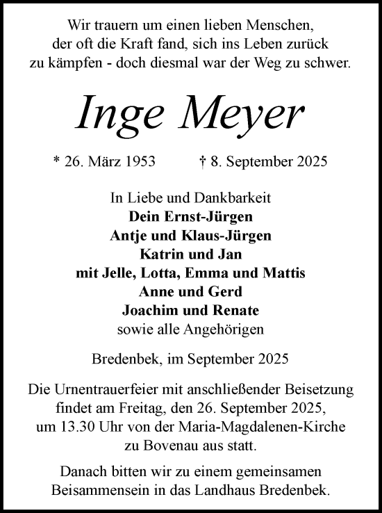 Traueranzeige von Inge Meyer von Schleswig-Holsteinische Landeszeitung
