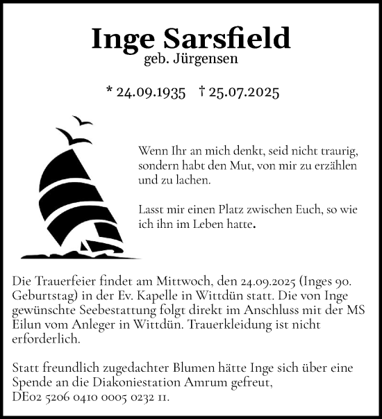 Traueranzeige von Inge Sarsfield von Der Insel-Bote