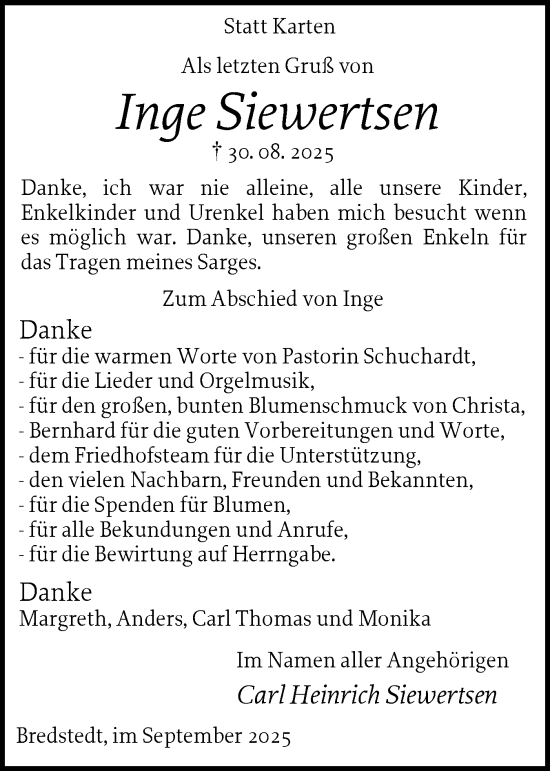 Traueranzeige von Inge Siewertsen von Husumer Nachrichten, Nordfriesland Tageblatt