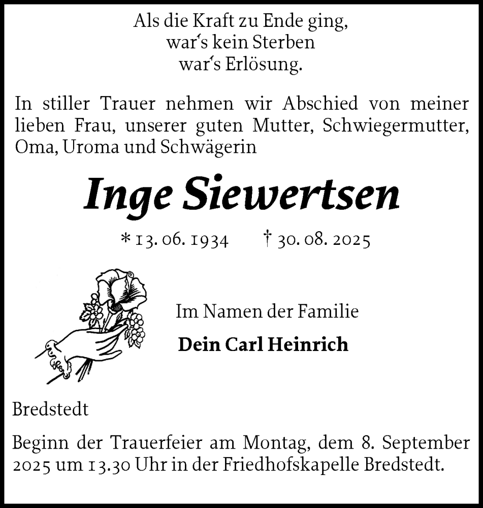  Traueranzeige für Inge Siewertsen vom 02.09.2025 aus Husumer Nachrichten, Nordfriesland Tageblatt