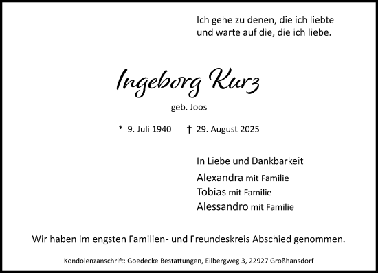 Traueranzeige von Ingeborg Kurz von MARKT Ahrensburg/Bargteheide/Trittau und Stormarner Tageblatt