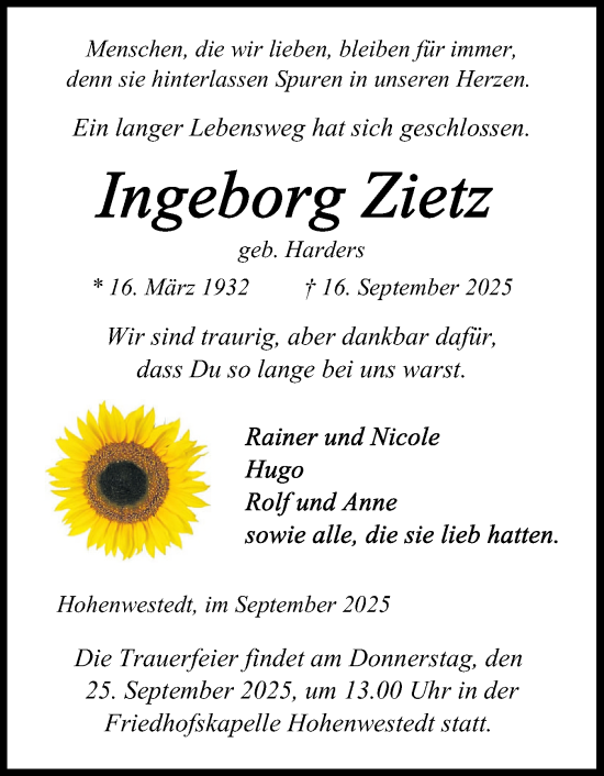 Traueranzeige von Ingeborg Zietz von Schleswig-Holsteinische Landeszeitung