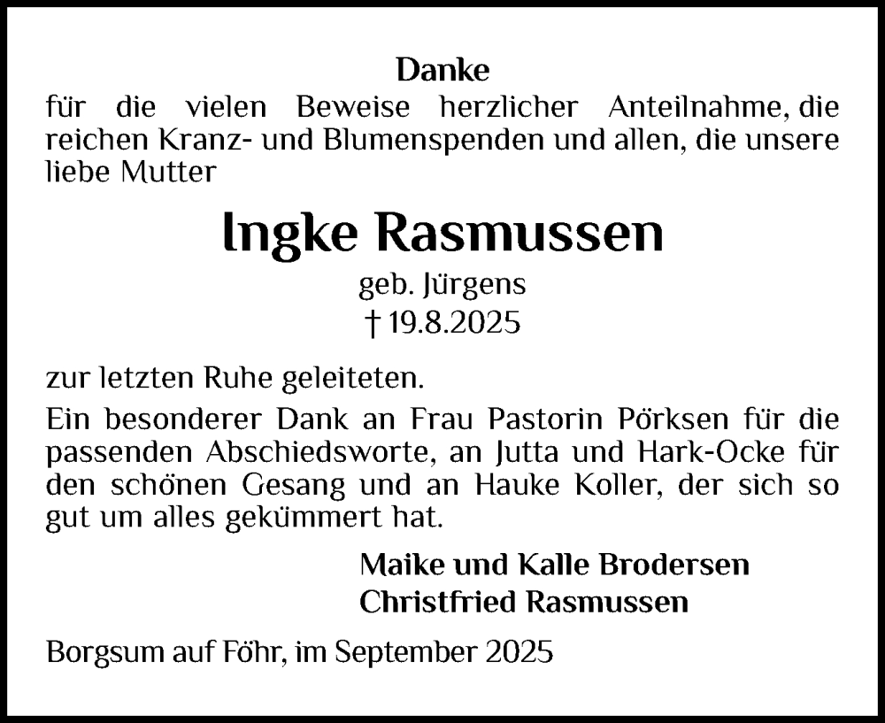  Traueranzeige für Ingke Rasmussen vom 20.09.2025 aus Der Insel-Bote