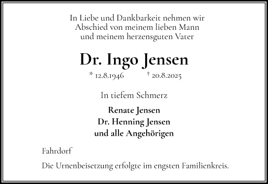 Traueranzeige von Ingo Jensen von Schleswiger Nachrichten, Schlei-Bote