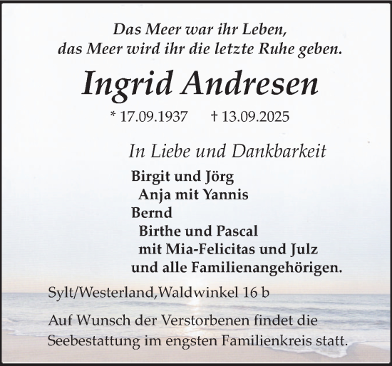 Traueranzeige von Ingrid Andresen von Sylter Rundschau