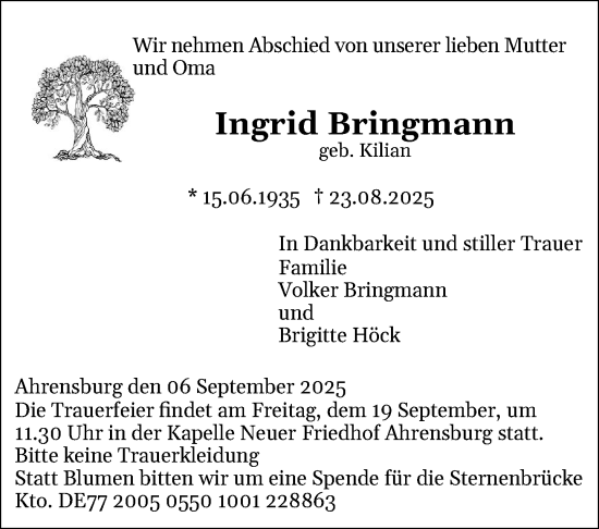 Traueranzeige von Ingrid Bringmann von Stormarner Tageblatt