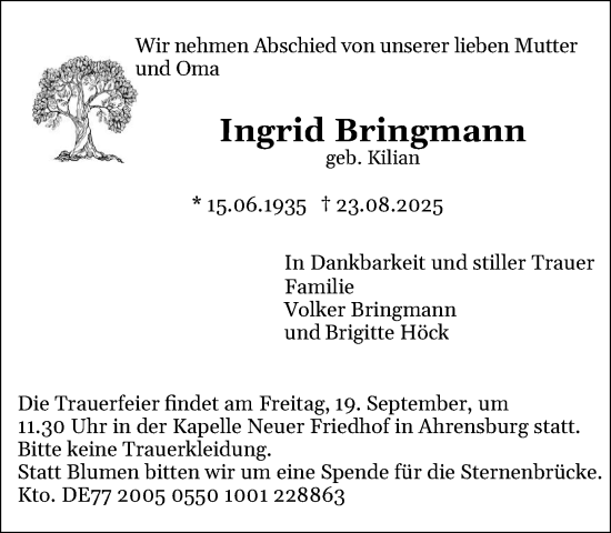 Traueranzeige von Ingrid Bringmann von MARKT Ahrensburg/Bargteheide/Trittau und Stormarner Tageblatt