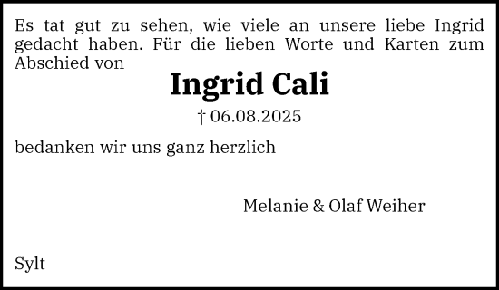 Traueranzeige von Ingrid Cali von Sylter Rundschau