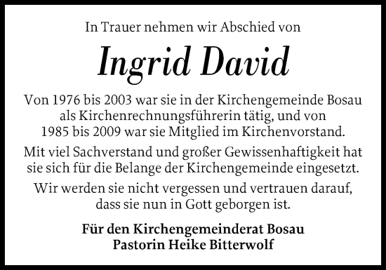 Traueranzeige von Ingrid David von Ostholsteiner Anzeiger