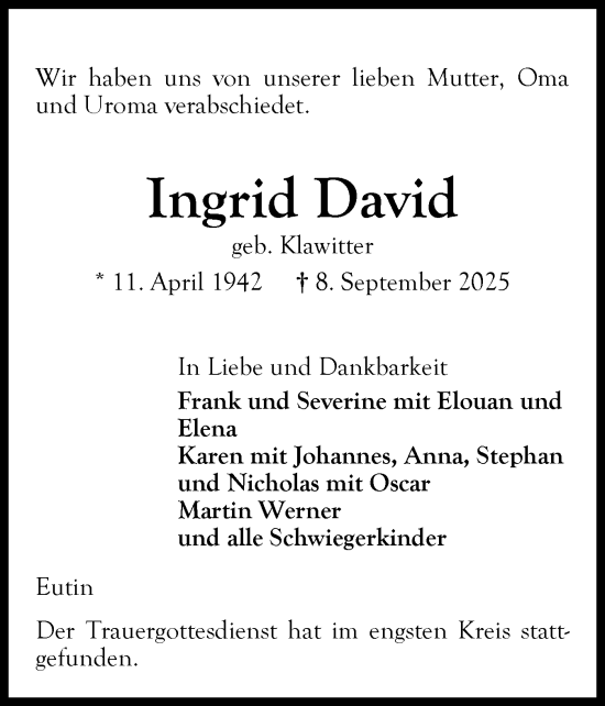 Traueranzeige von Ingrid David von Ostholsteiner Anzeiger