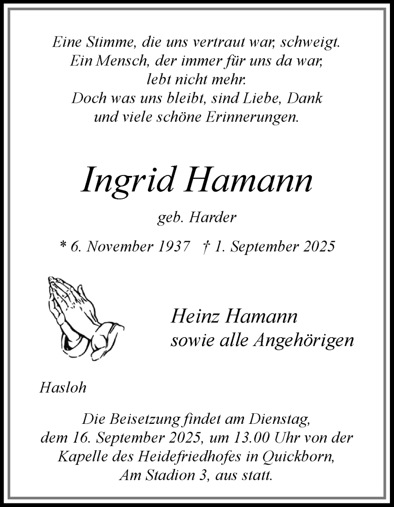  Traueranzeige für Ingrid Hamann vom 06.09.2025 aus Region Pinneberg und tip Pinneberg
